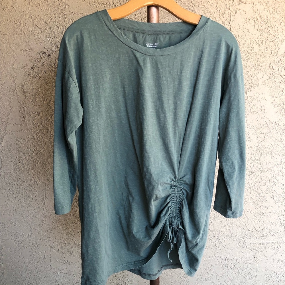 Garnet Hill Sage Green 3/4 Sleeve Blouse with Ruched Side Size M